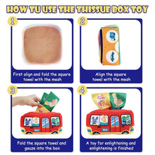 Instructions for using a tissue box toy with images and text