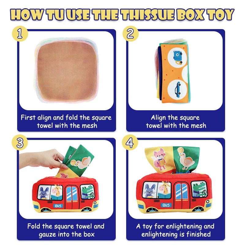 Instructions for using a tissue box toy with images and text