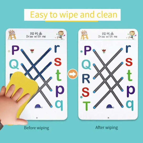 Magic Tracing Workbook Set, before and after wiping comparison of a educational mat with letters on a blue background, for handwriting and pen control practice.