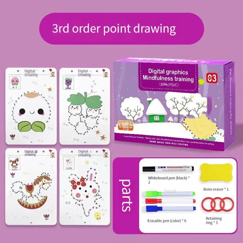 Magic Tracing Workbook Set, digital graphics mindfulness training set with cards and packaging on a purple background, for classroom skill-building exercises.