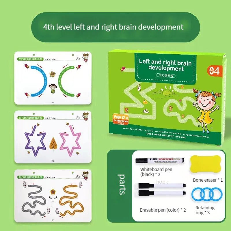 Magic Tracing Workbook Set, educational product for left and right brain development with cards and pens on a green background, for homeschool learning sessions.