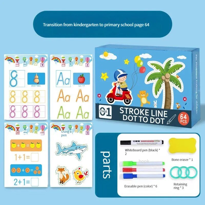 Magic Tracing Workbook Set, educational product packaging with cards and a box on a blue background, for reusable daily learning drills.