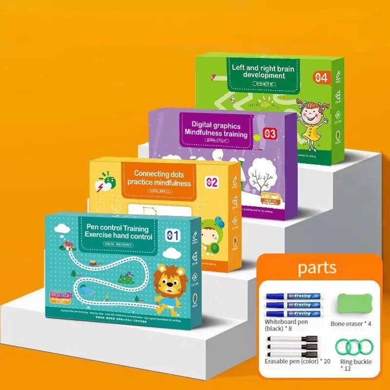 Magic Tracing Workbook Set, educational product packaging on a white stand against an orange background, for reusable daily learning drills.