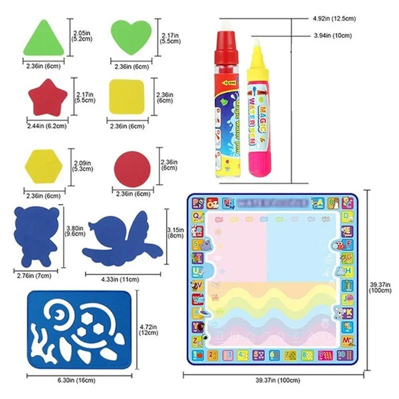 Magic Water Drawing Mat, measurement chart of educational toys, including shapes, markers, and a mat with measurements, for gifting to toddlers and preschoolers.