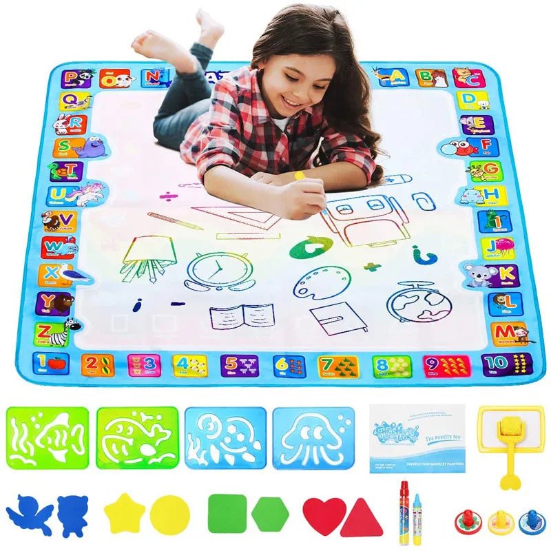 Magic Water Drawing Mat, child playing with a colorful educational mat, for mess-free indoor drawing play.
