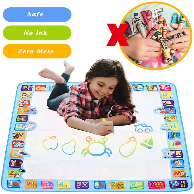 Magic Water Drawing Mat, child playing on a colorful learning mat with letters and numbers, surrounded by crayons, for reusable coloring and doodling play.