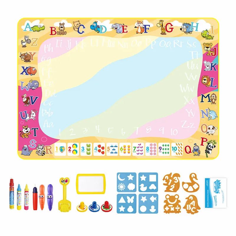 Magic Water Drawing Mat, childrens educational mat with letters, numbers, and various toys, for toddler early learning activities.