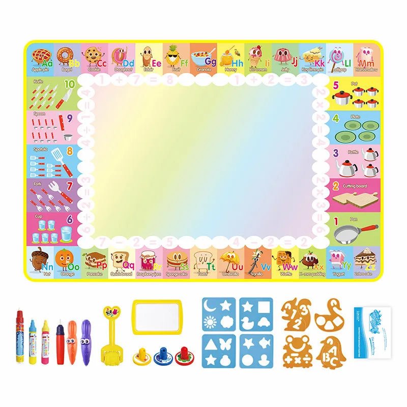 Magic Water Drawing Mat, colorful educational mat with various learning tools and characters, for reusable coloring and doodling play.