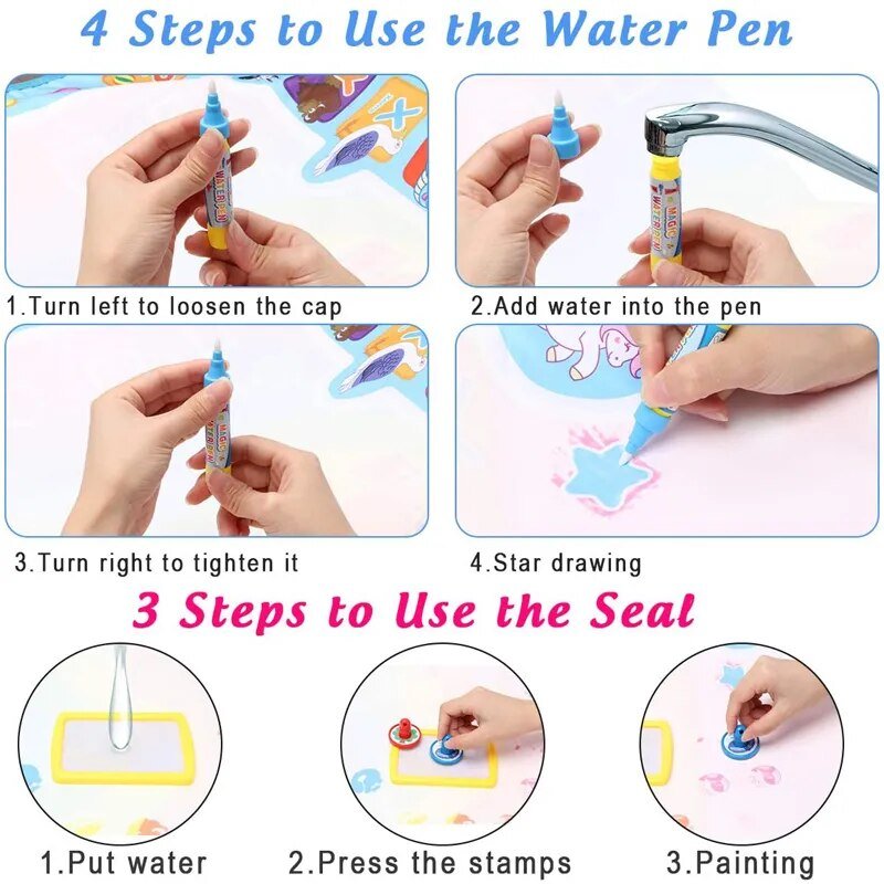 Magic Water Drawing Mat, instructions on how to use a water pen and seal with step-by-step illustrations, for travel-friendly quiet-time entertainment.