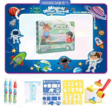 Magic Water Drawing Mat, space-themed drawing mat with watercolor pens and stickers, for floor play and family activity time.