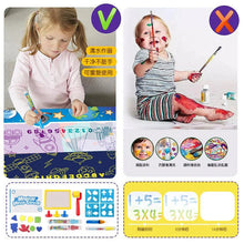 Magic Water Drawing Mat, two cards showing children using paintbrushes and mats with educational designs, for toddler early learning activities.