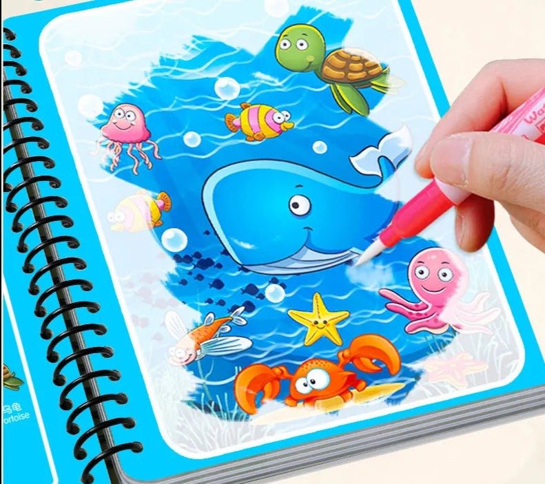 Magic Water Painting, childrens activity book with ocean-themed stickers and a hand using a marker, for mess-free kindergarten art activities.