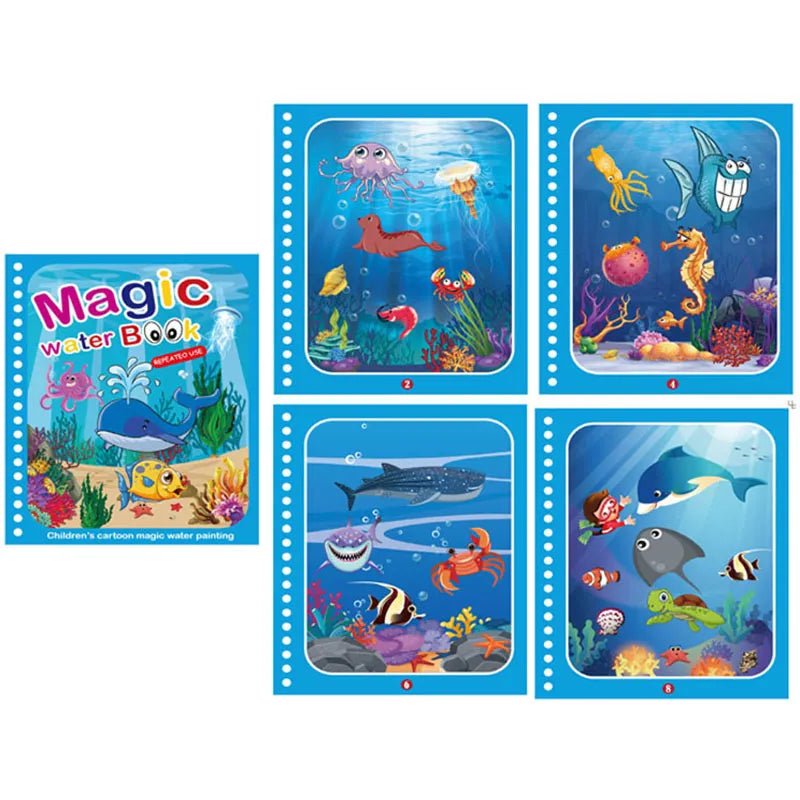 Magic Water Painting, childrens Magic Water Book with underwater scene and colorful illustrations on a white background, for quiet-time and travel activities.