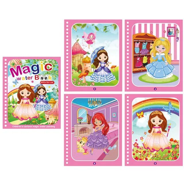 Magic Water Painting, set of childrens princess-themed books with colorful illustrations on a white background, for classroom and homeschool creative play.