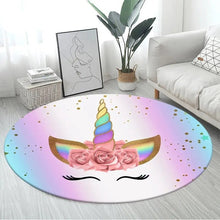 Magical 3D unicorn kids area rug with non-slip round design as a play mat for toys and floor games.