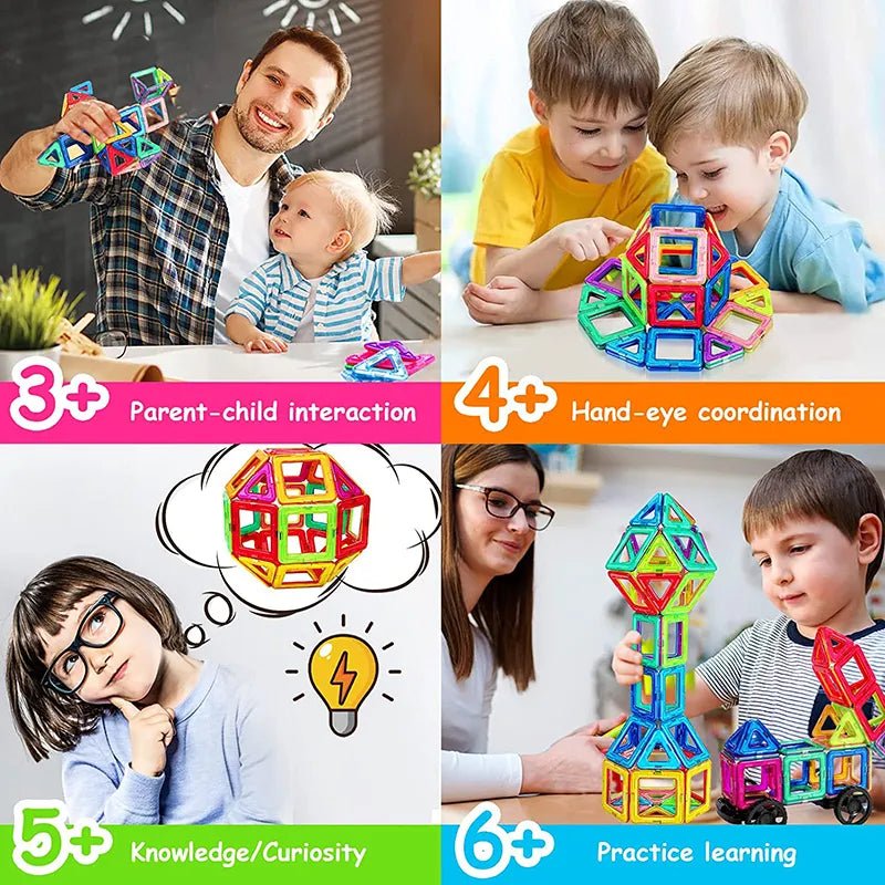 Magnetic Building Blocks, a collage of children playing with colorful magnetic building toys, for classroom and homeschool learning activities.