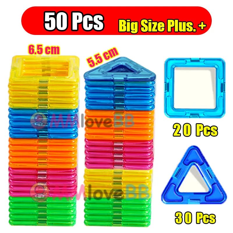 Magnetic Building Blocks, colorful geometric shape building blocks with size indicators, for STEM building and creative construction play.