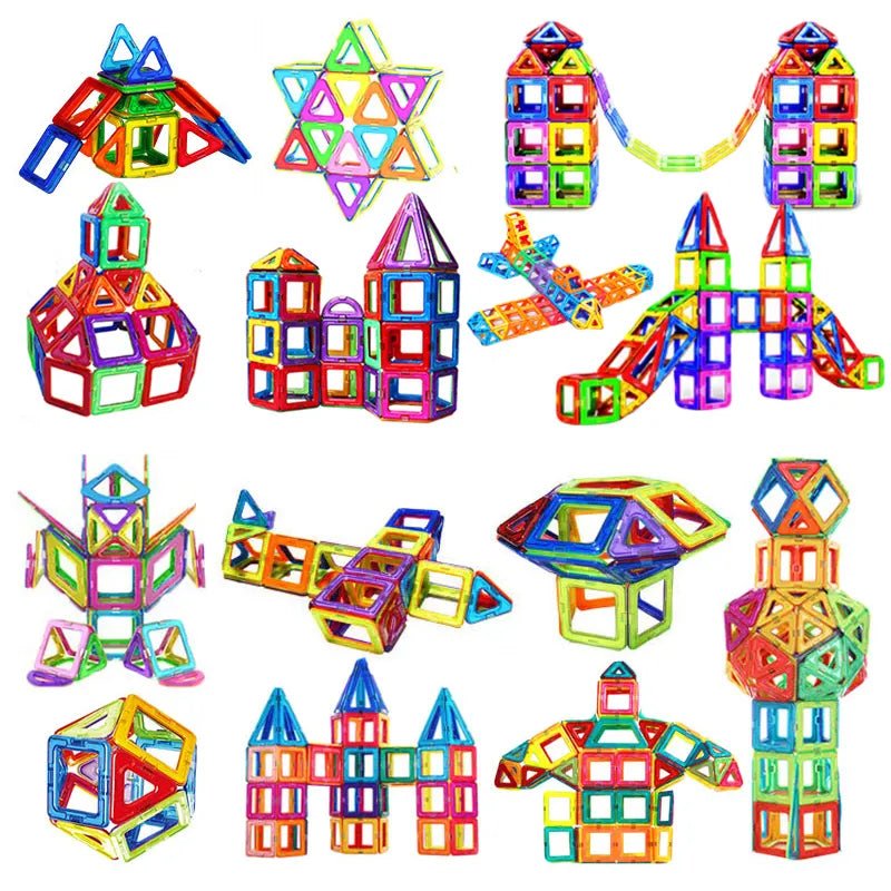 Magnetic Building Blocks, colorful magnetic building blocks arranged in various shapes on a white background, for travel bag and quiet-time building play.