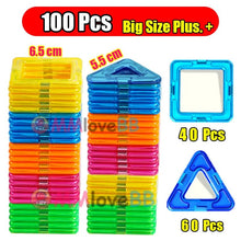 Magnetic Building Blocks, stacks of colorful plastic shapes with size measurements and branding, for birthday and holiday gifting.