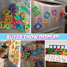 Magnetic Building Blocks, collage of colorful magnetic shapes, for hands-on shape and color recognition play.
