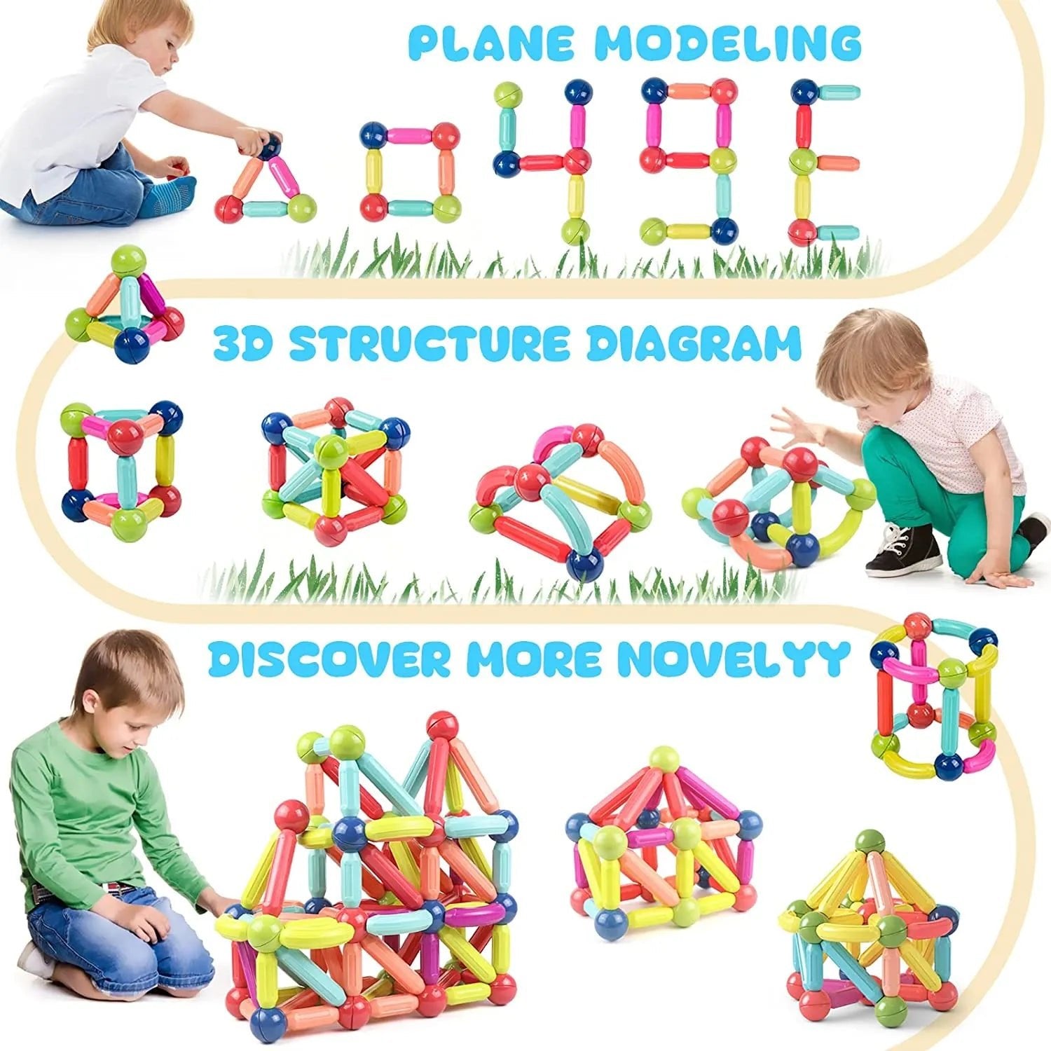 Magnetic Building Sticks, colorful magnetic building blocks with children playing and 3D structure diagrams, for classroom and homeschool activities.
