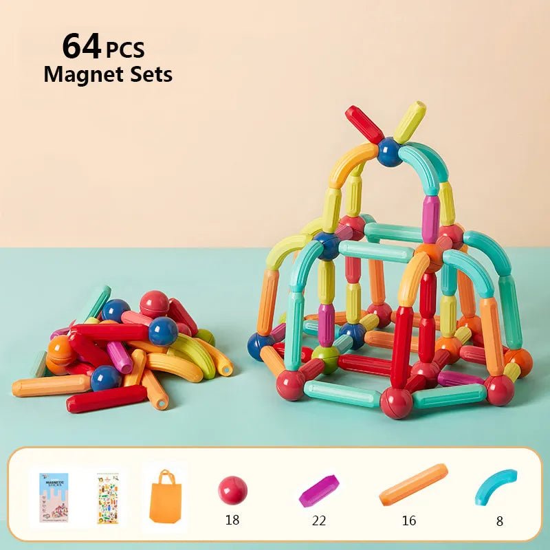 Magnetic Building Sticks, colorful magnetic building set with various pieces, for fine motor skill development.
