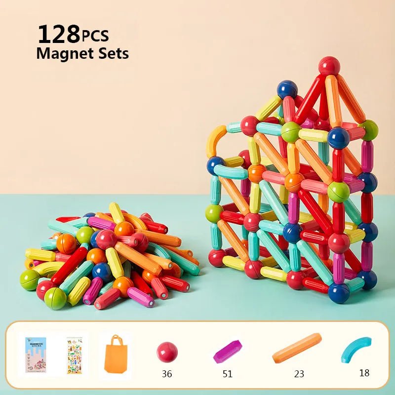 Magnetic Building Sticks, colorful magnetic building set with various pieces, for open-ended imaginative building play.
