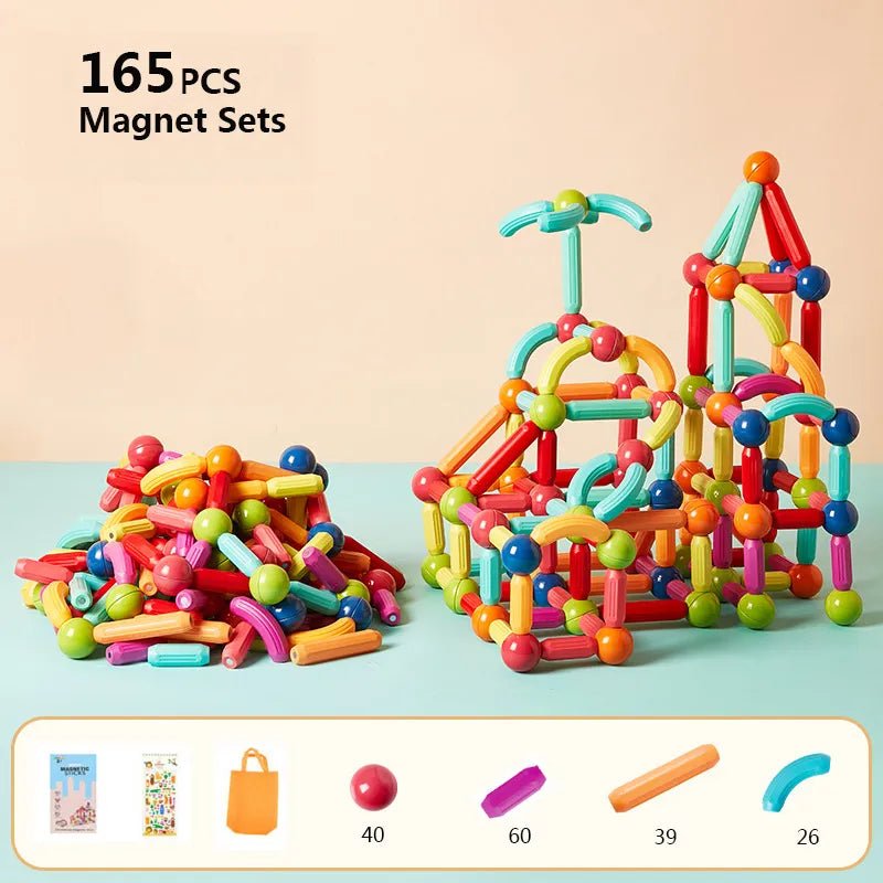 Magnetic Building Sticks, colorful magnetic building sets with text indicating quantity, for hands-on 3D construction learning.