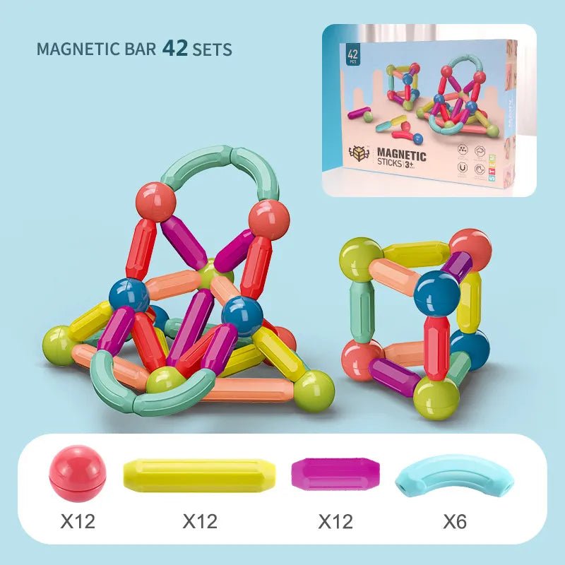 Magnetic Building Sticks, colorful magnetic building sticks with packaging and component details, for hands-on 3D construction learning.