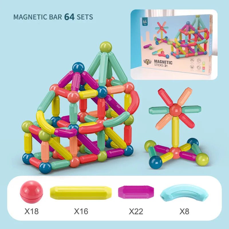 Magnetic Building Sticks, colorful magnetic building sticks set with packaging and component details, for STEM building and engineering play.