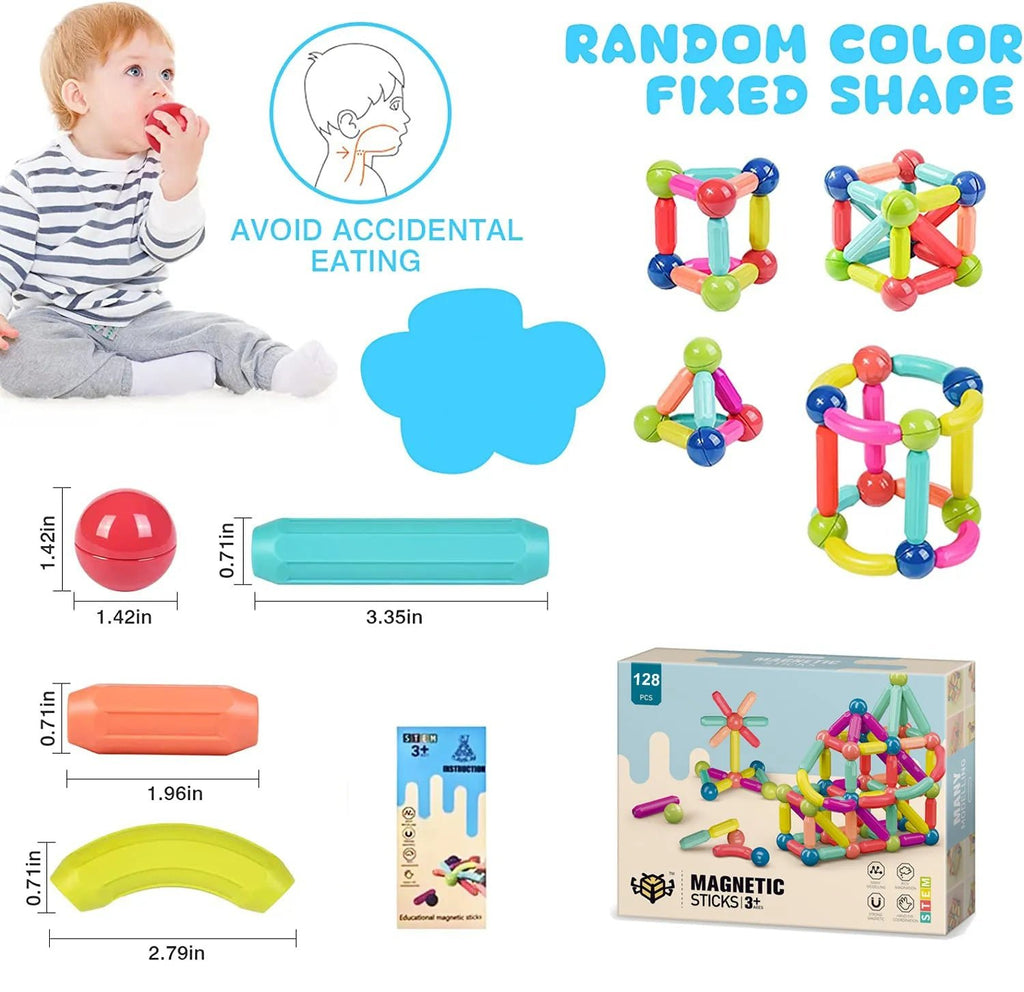 Magnetic Building Sticks, colorful magnetic building sticks with packaging and safety tips, for fine motor skill development.