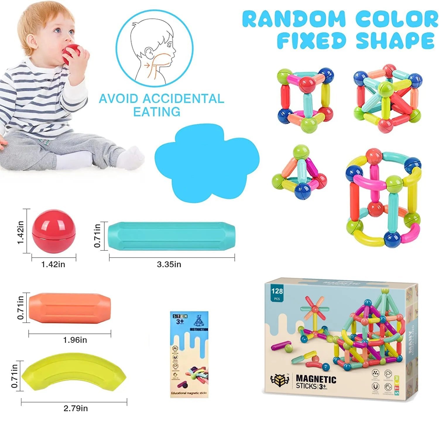 Magnetic Building Sticks, colorful magnetic building sticks with packaging and safety tips, for fine motor skill development.