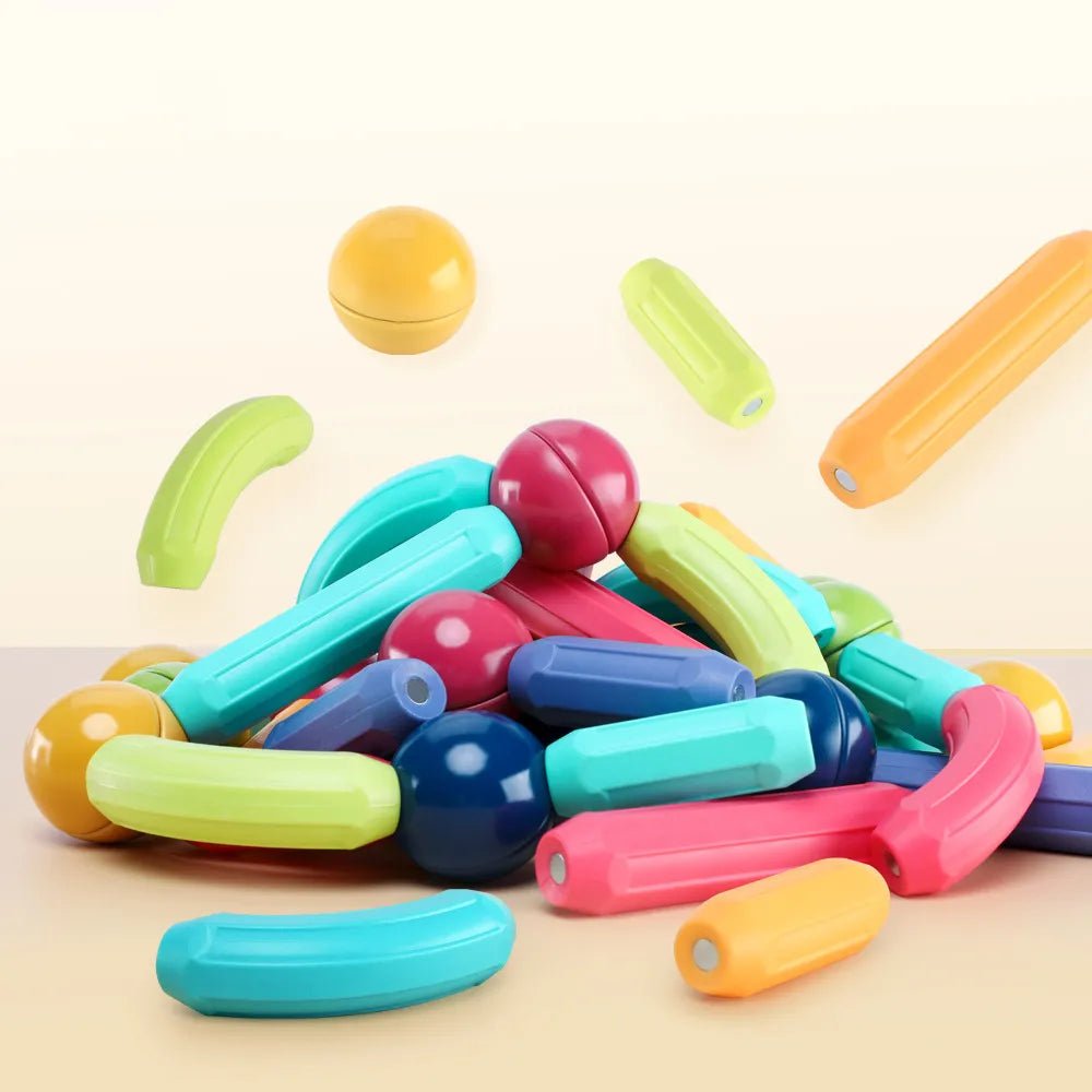 Magnetic Building Sticks, colorful plastic toys, for open-ended imaginative building play.