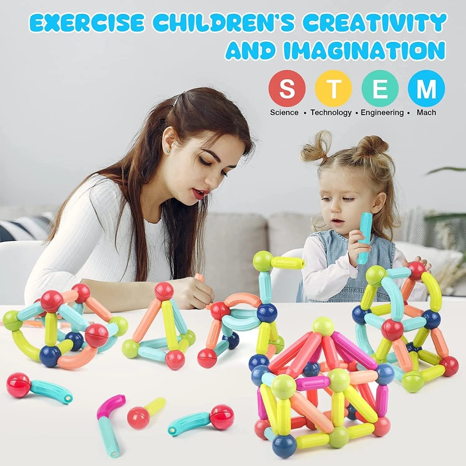 Magnetic Building Sticks, woman and child playing with colorful building toys, promoting creativity and STEM education, for hands-on 3D construction learning.