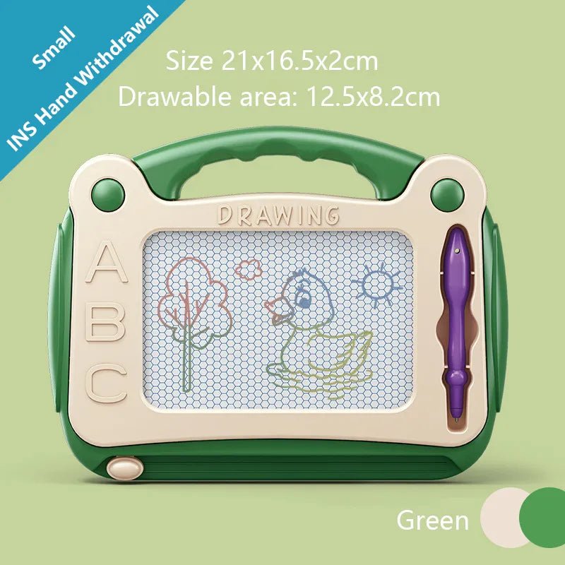 Magnetic Drawing Board, green drawing board with handle and stylus, for classroom and homeschool creative play.