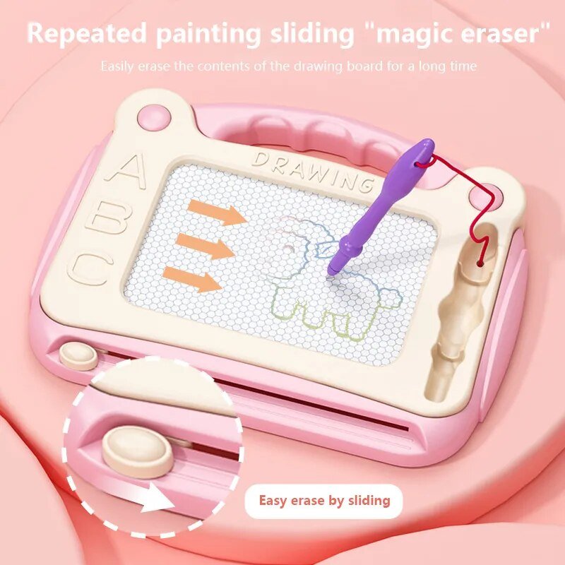 Magnetic Drawing Board, pink drawing board with eraser and writing tools, for travel-friendly quiet-time entertainment.