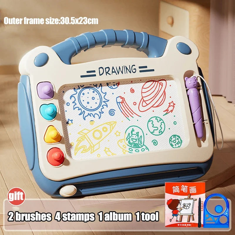 Blue magnetic drawing board 30.5 by 23 cm with four stamps and a gift set of brushes, album and tool