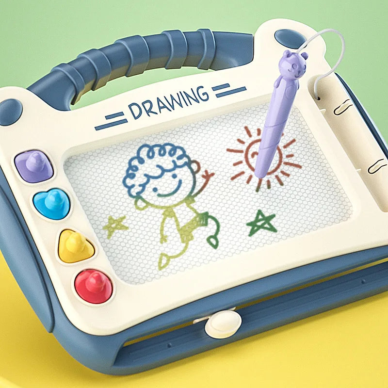 Blue magnetic drawing board with a purple pen, a drawn smiling face and a sun