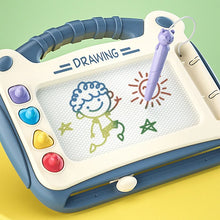 Blue magnetic drawing board with a purple pen, a drawn smiling face and a sun