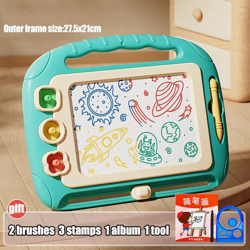 Green magnetic drawing board 27.5 by 21 cm with three stamps and a gift set of brushes, album and tool