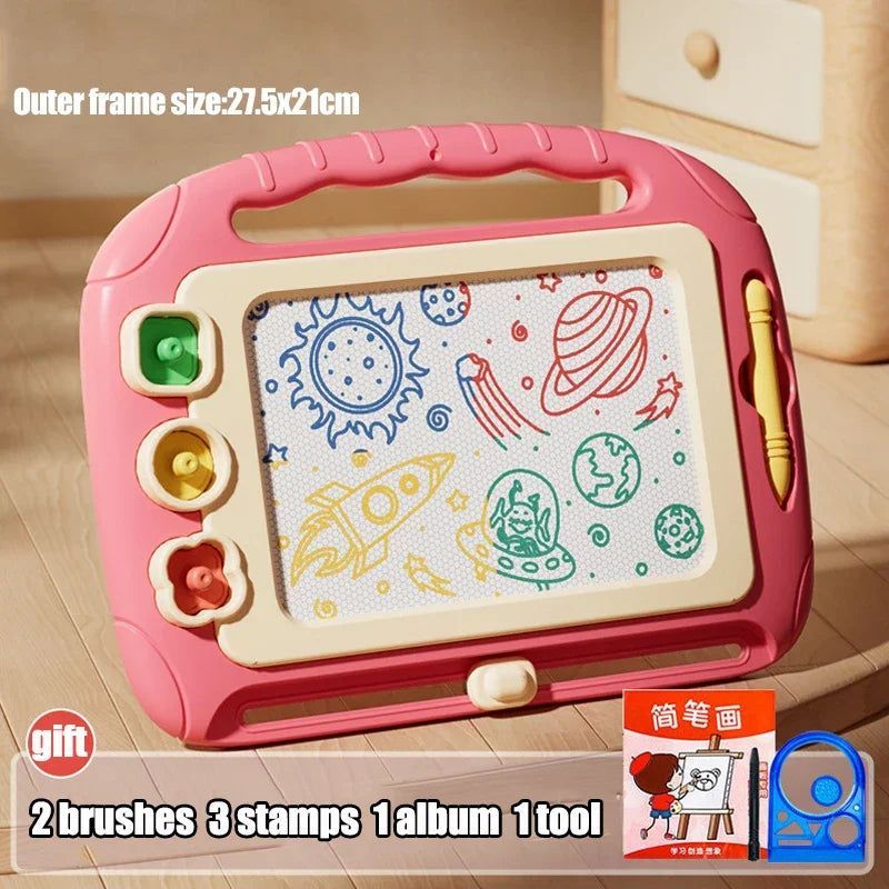 Hot pink magnetic drawing board 27.5 by 21 cm with three stamps and a gift set of brushes, album and tool