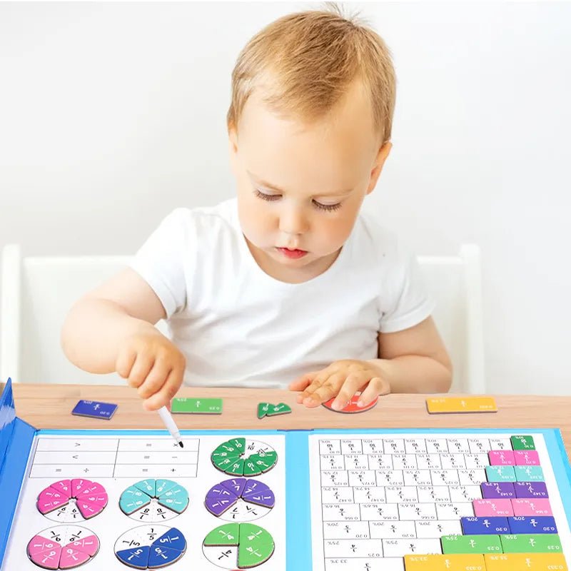 Magnetic Fraction Math Set, child playing with educational math toys on a table, for hands-on math learning activities.