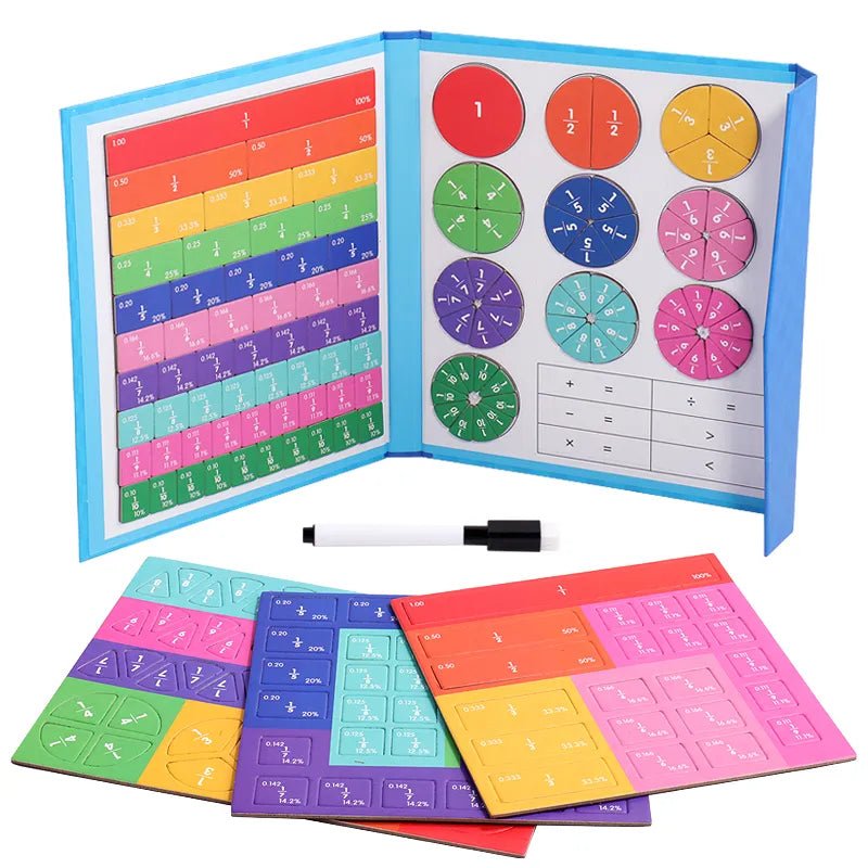 Magnetic Fraction Math Set, colorful educational math flashcards with a marker on a white background, for hands-on math learning activities.