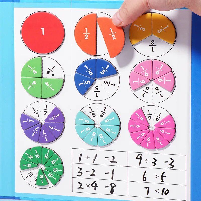 Magnetic Fraction Math Set, colorful fraction wheels on a educational chart with basic arithmetic problems, for gifting to preschoolers and early learners.