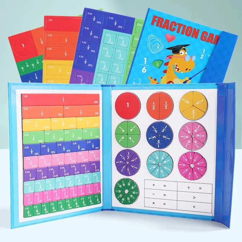 Magnetic Fraction Math Set, fraction teaching aid set with colorful fraction pieces and educational chart on a light blue background, for interactive arithmetic skill-building play.