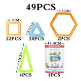 Set of colorful magnetic shapes with measurements and a packaging box.