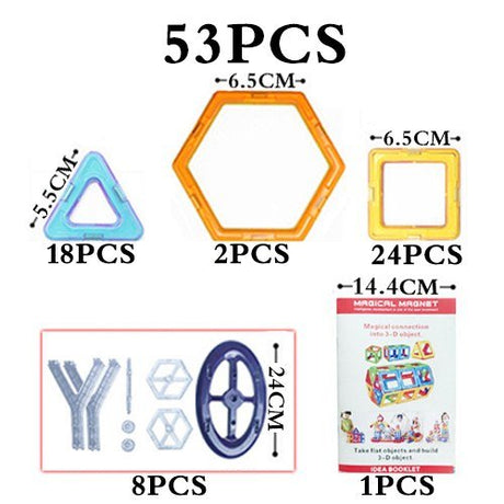 Set of magnetic building pieces with sizes and quantities indicated, including a colorful packaging box.