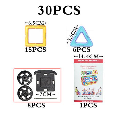Set of magnetic connectors with sizes and quantities indicated, including a booklet.