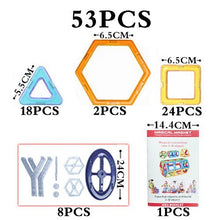 Set of magnetic building pieces with sizes and quantities indicated, including a colorful packaging box. (option 2)