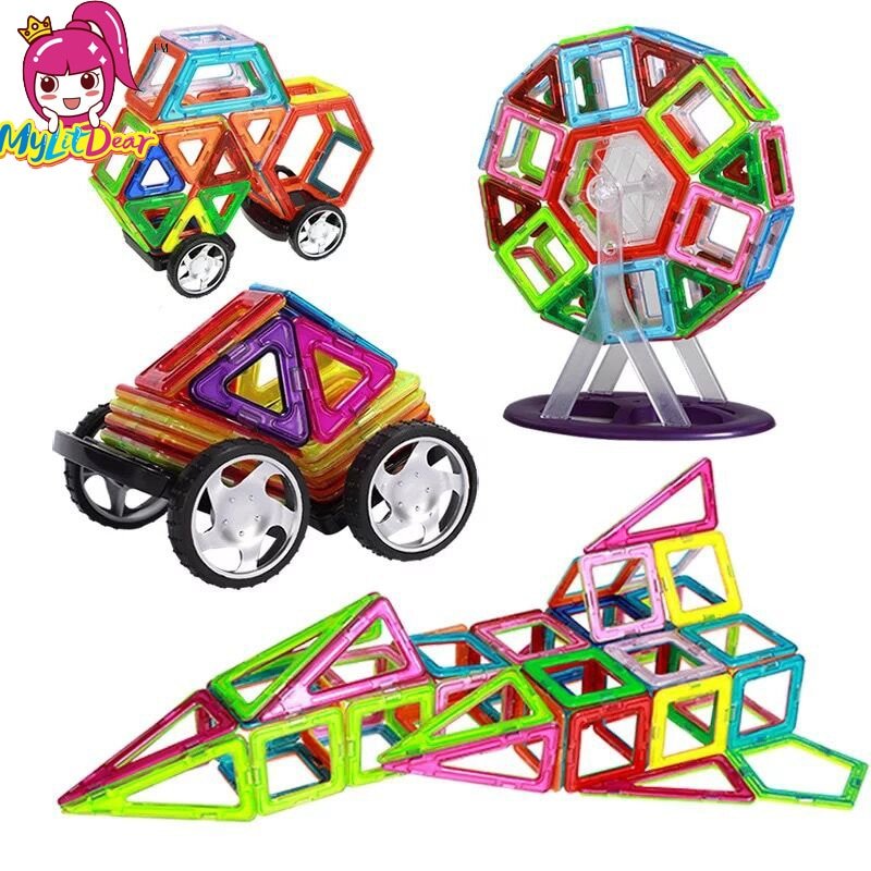 Colorful magnetic building blocks in various shapes on a white background with 'Mylday' branding.
